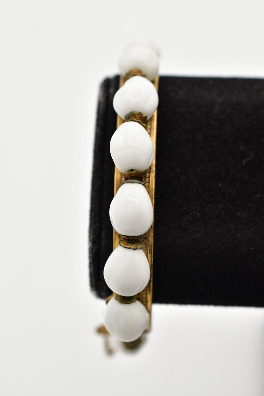 Miriam Haskell Vintage Bangle Bracelet White Shell Beaded Charm Signed BinAD